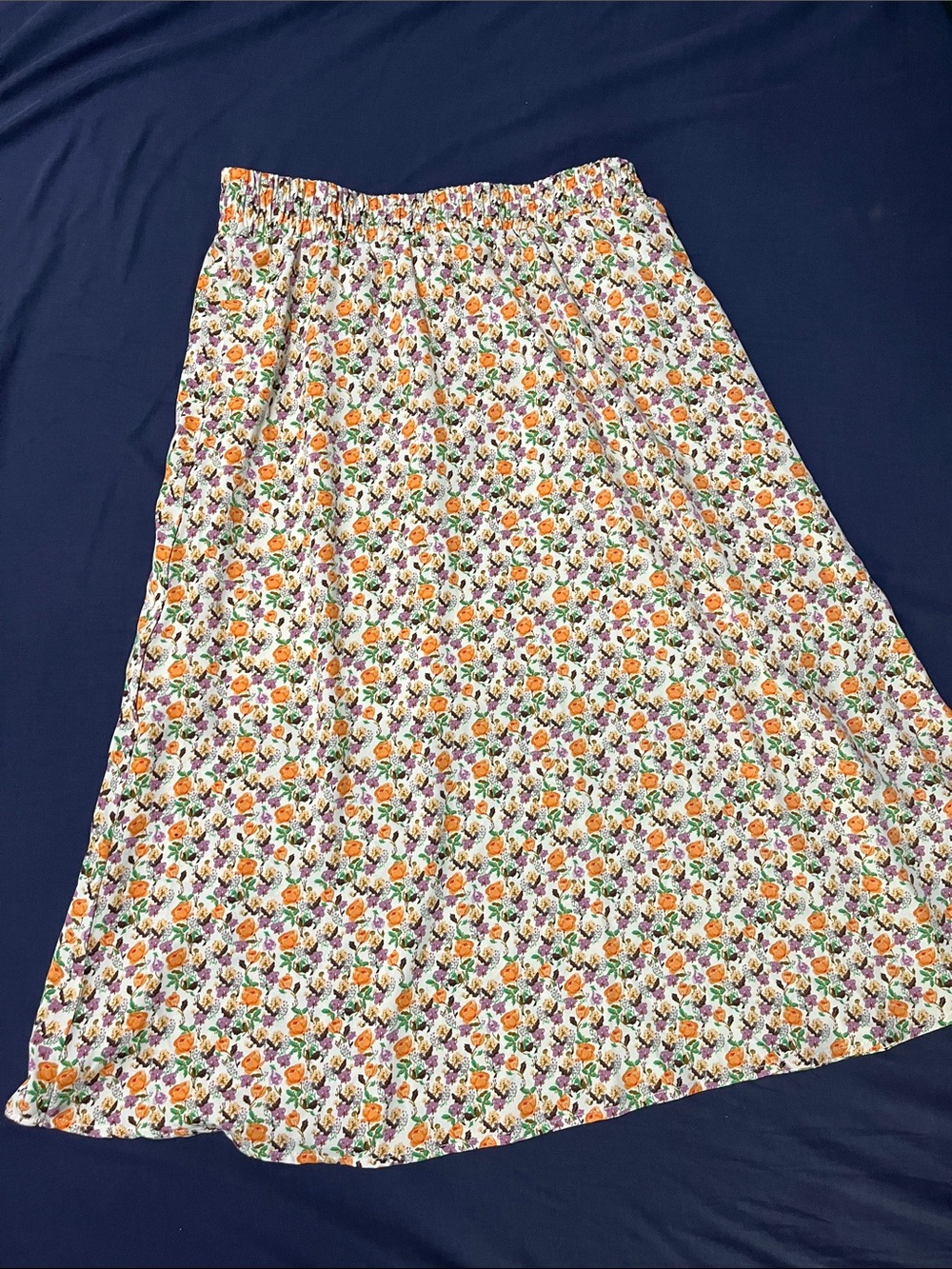 Floral Midi Skirt in White with Orange & Purple Flowers